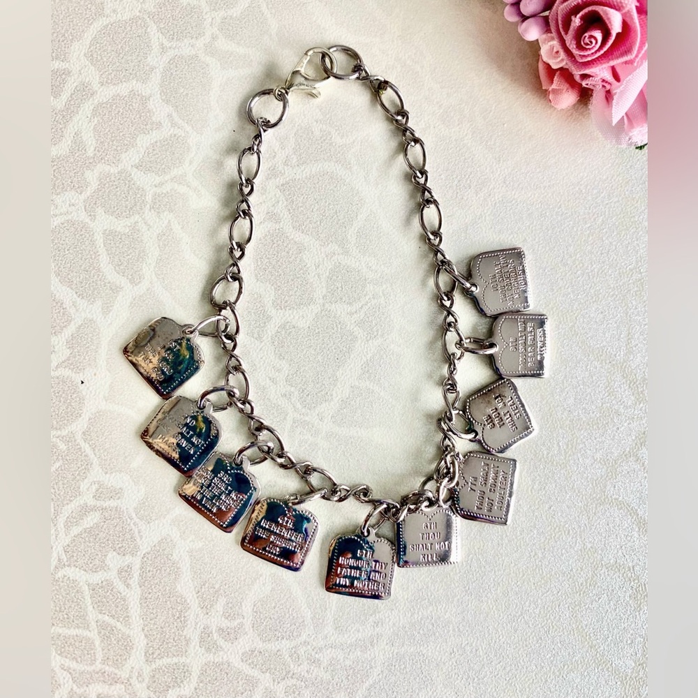 Silver Religious Ten Commandments Charm Necklace